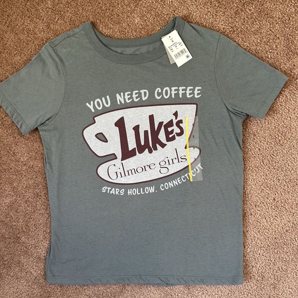 NWT Gilmore Girls Luke Diner Shirt Womens Medium Gray Stars Hollow Coffee Tee S